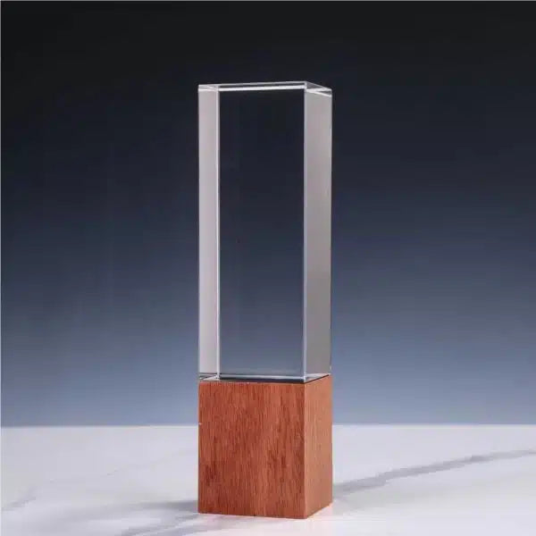 Cuboid Crystal Award with Wooden Base.