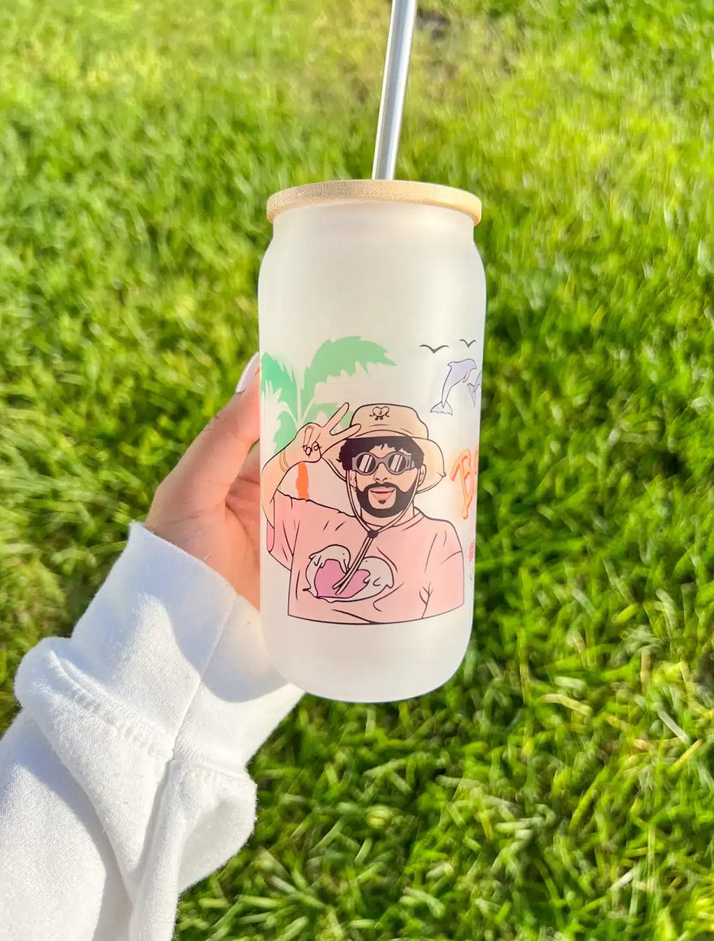 Frosted Glass Bottle with Straw.