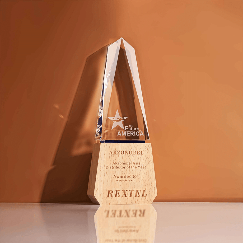 Crystal Obelisk Trophy with Wooden Base.