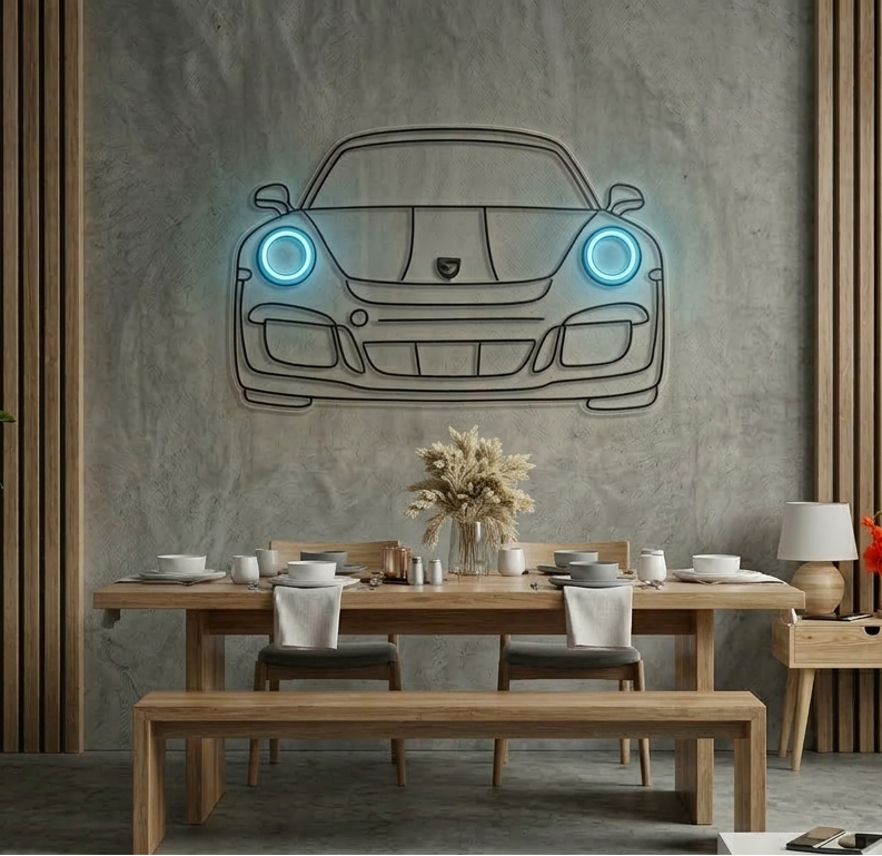 Neon Porsche Car Acrylic Wall Art – LED Headlight Automotive Wall Decor for Living Room & Bedroom