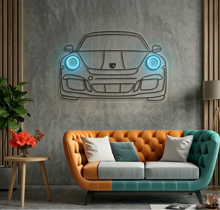 Neon Porsche Car Acrylic Wall Art – LED Headlight Automotive Wall Decor for Living Room & Bedroom