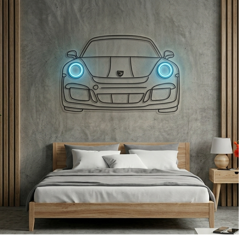 Neon Porsche Car Acrylic Wall Art – LED Headlight Automotive Wall Decor for Living Room & Bedroom
