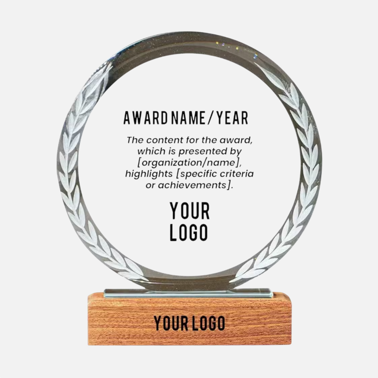 Premium Crystal Laurel Circle Trophy – Wooden Base