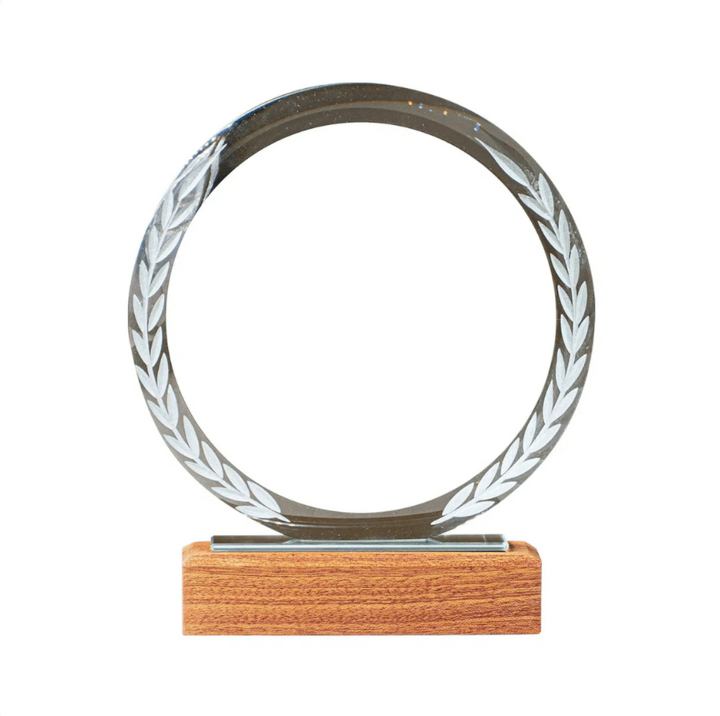 Premium Crystal Laurel Circle Trophy – Wooden Base.
