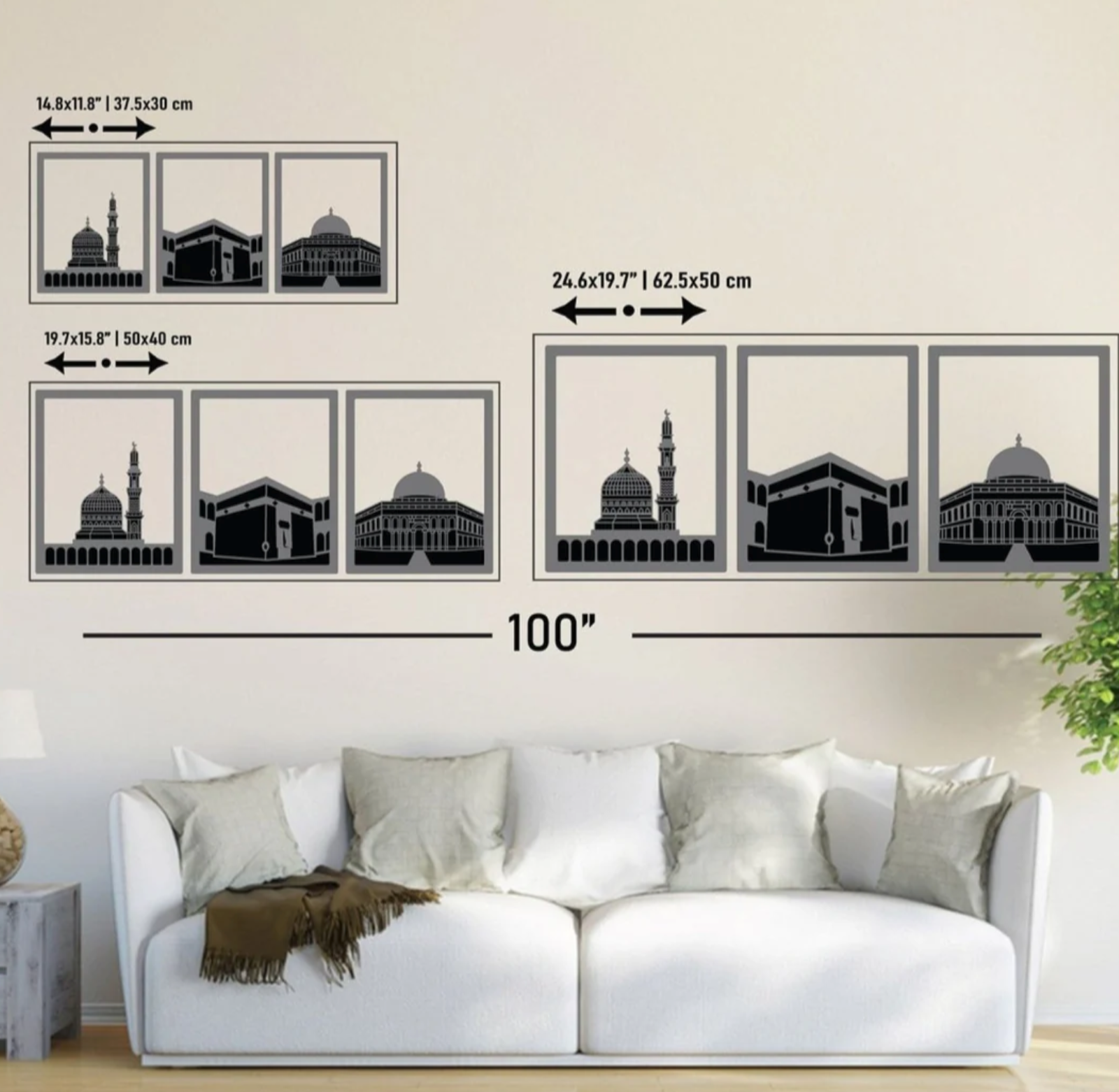 Masjid Al-Haram (Kaaba), Masjid An-Nabawi, Masjid Al Aqsa | Islamic Wall Decoration Set.