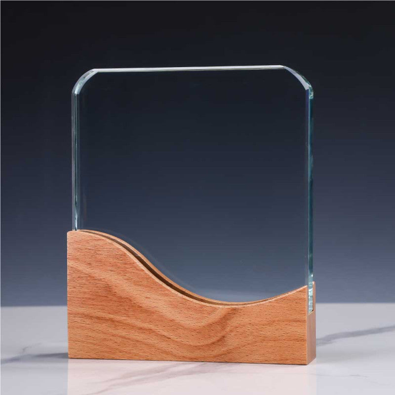 Square Crystal Awards with Wooden Base.
