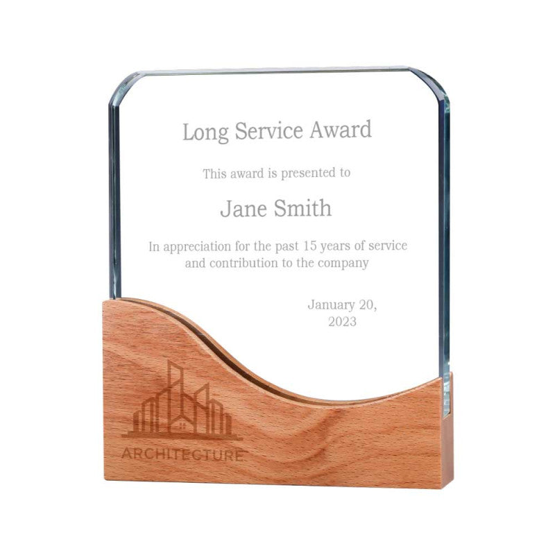 Square Crystal Awards with Wooden Base.